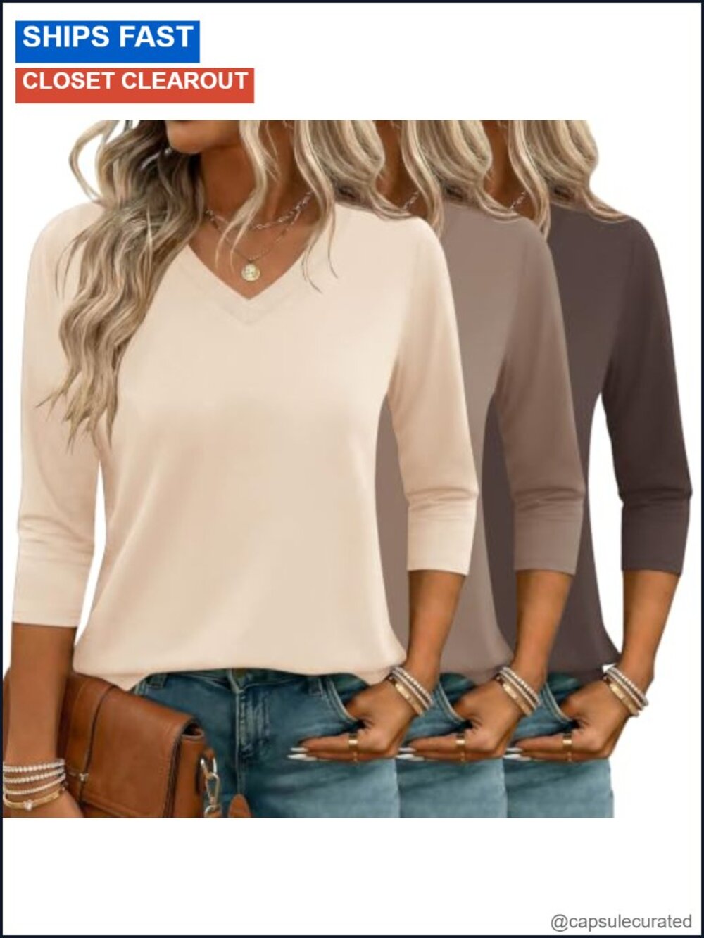 3 Pack Women's 3/4 Sleeve V-Neck Tees Business Casual Stretch Knit Tops